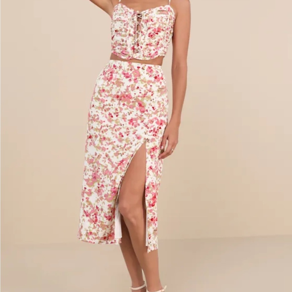 Lulus Mastered Elegance Ivory Multi Abstract Print Midi Skirt